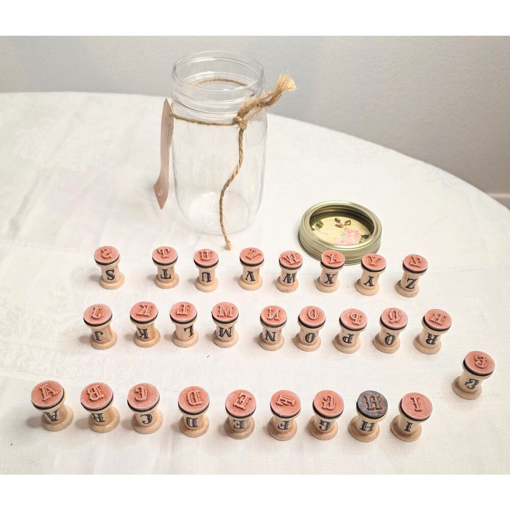 Recollections Wooden Spool Stamp Jar Alphabet Crafting Stamps A-Z, &